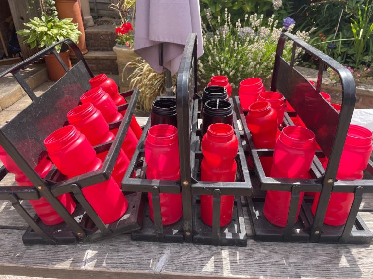 Set of 3 Metal Bottle Carriers with Red and Black Plastic Bottles