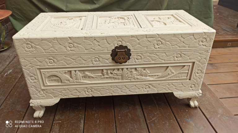 Wooden hand carved storage chest trunk, painted off white