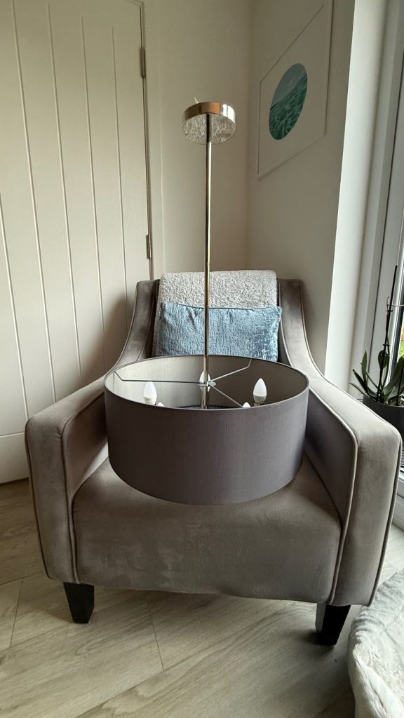 Large grey shade with 5 silver arm chandelier 