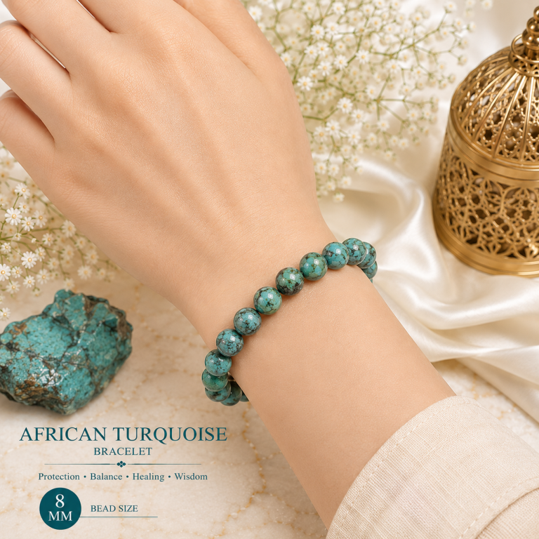 African Turquoise 8mm Gemstone Bead Bracelet, Natural Blue-Green Stone 7.5 Inch Stretchable