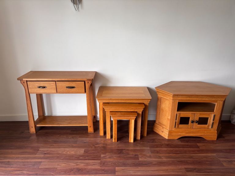 Solid Oak Furniture Side Board Tv Unit and Nest of Tables