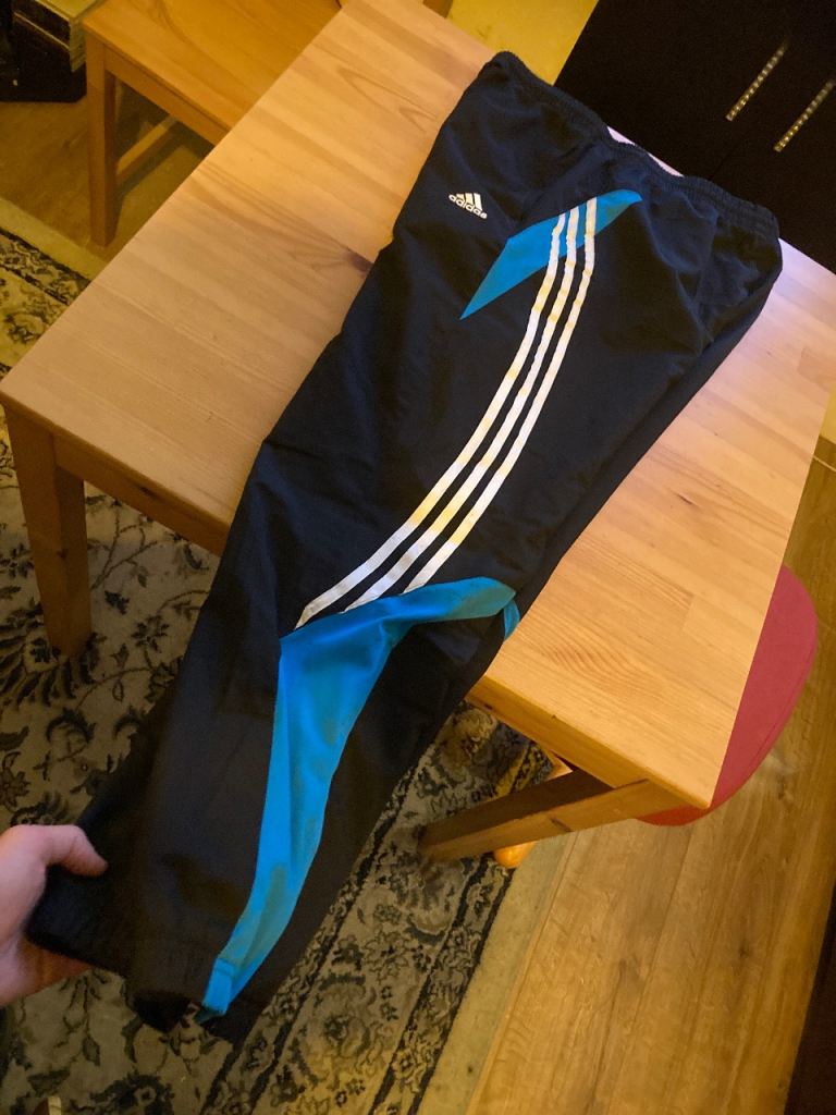 Retro Adidas Men's Tracksuit Bottoms – Black/Blue, Good Condition