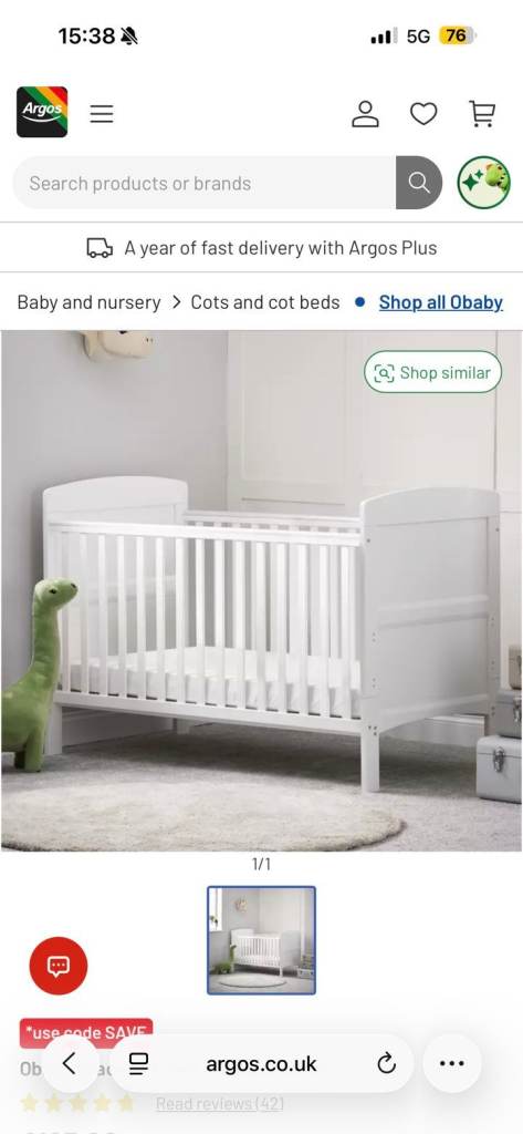 Obaby Cot bed & New Mattress Hypoallgenic