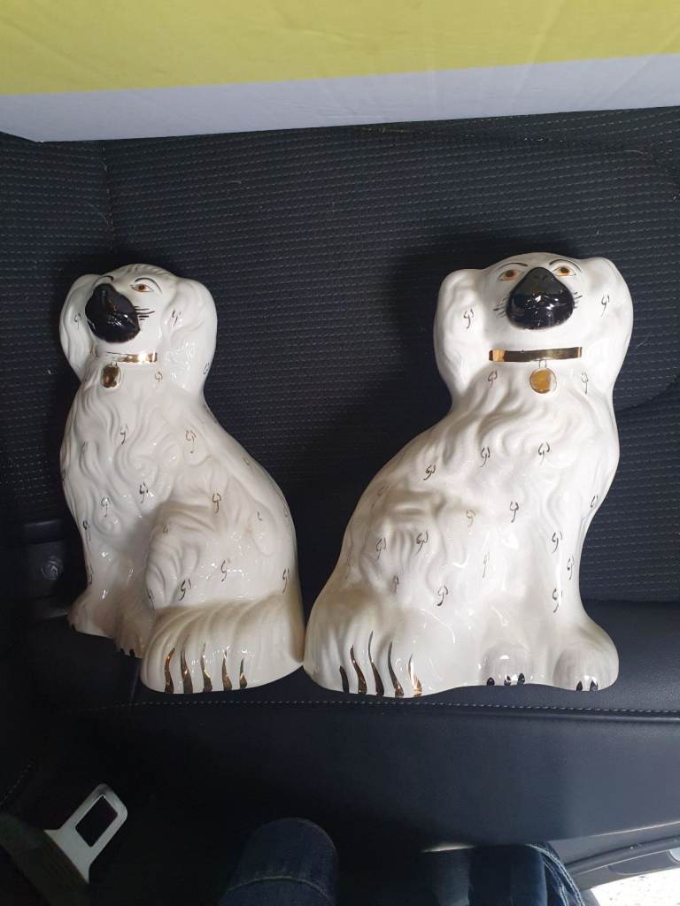 2 x BESWICK STAFFORDSHIRE WHITE SPANIEL WALLY DUGS