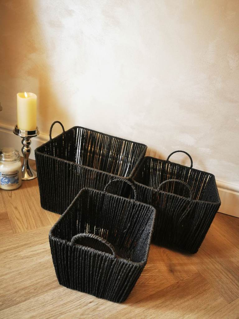 Set of 3 Black Woven Storage Baskets with Handles
