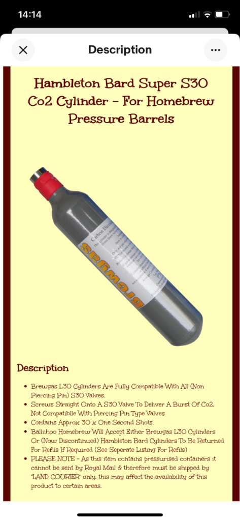 Home Brew  S30 Co2 Cylinder- for home brew barrels