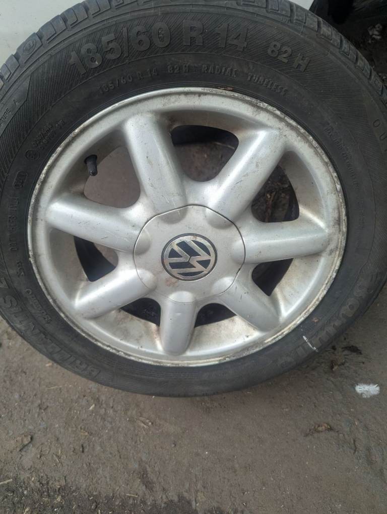 Wheels, Alloys of a VW . Can sell tyres separately . Size 185/60/14. Excellent threads . See photos 