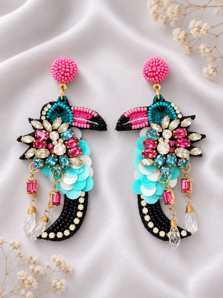 Colourful Rhinestone Bird Dangle Earrings Statement Handmade Beaded Boho Gift for Her UK