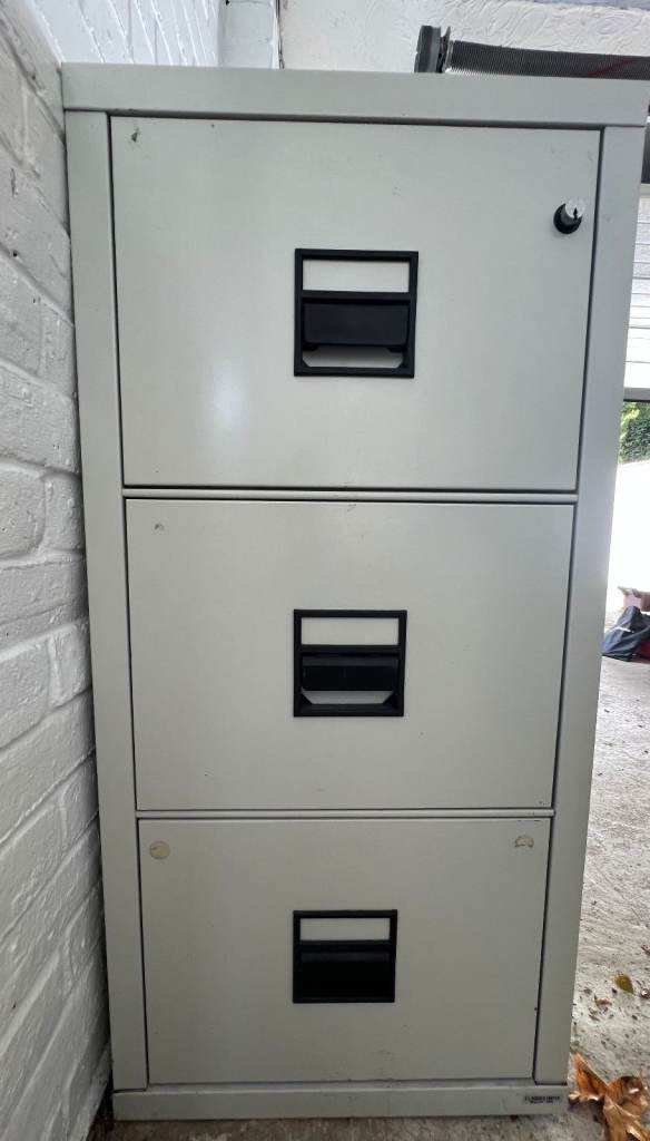 Secure fire and impact proof three drawer filing cabinet.