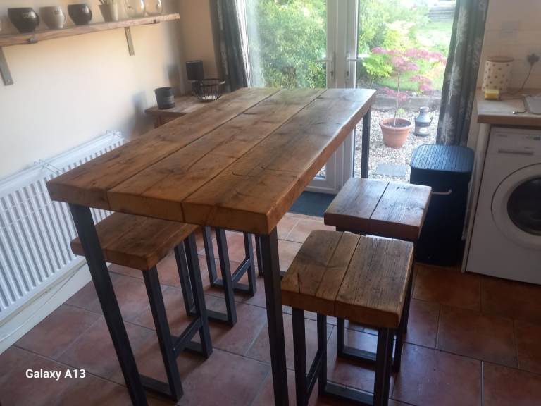 Table & 4 Stools solid oak wood industrial style