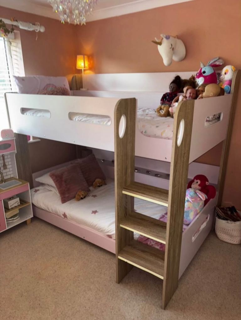 Pink Kids Bunk Bed with Ladder – Good Condition