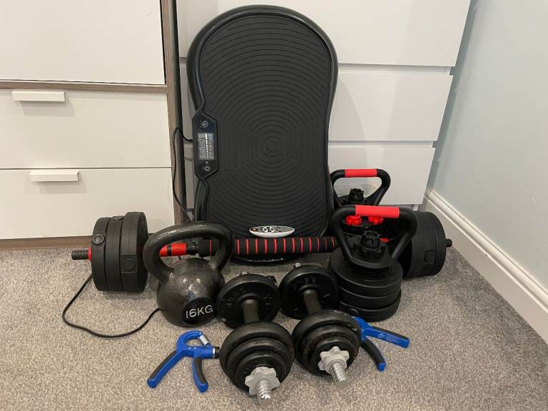 Home gym kit, vibrating plate for weight loss, dumbbells, barbell, kettlebell, & more 