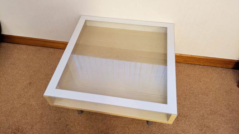Glass Topped Coffee Table – Light Oak Frame, Good Condition