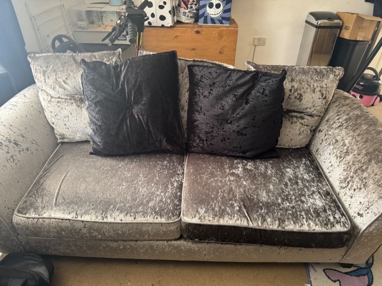 Grey Velvet Two-Seater Sofa and Matching Storage Ottoman