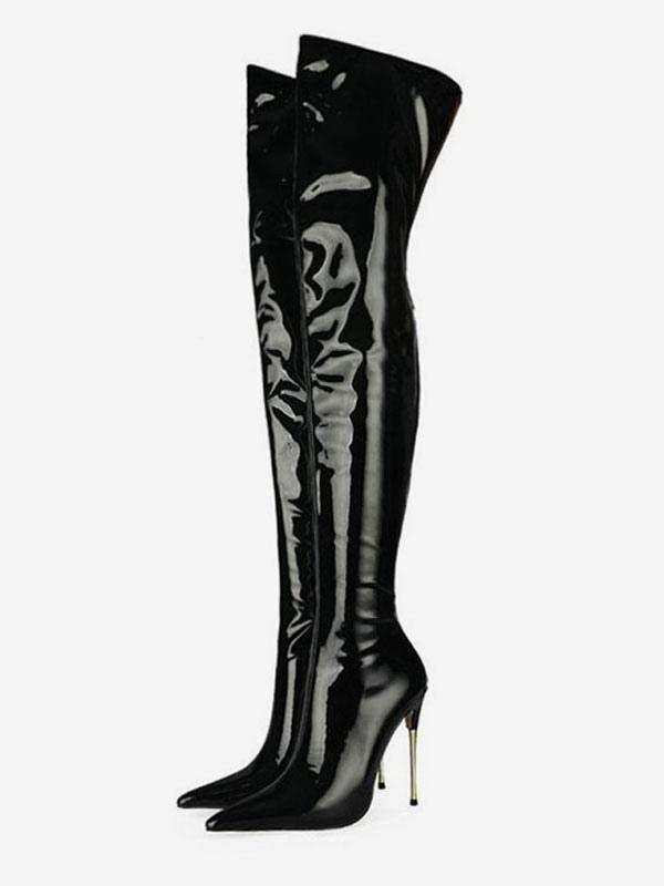 Black patent thigh boots size 5 never worn outside with5 inch metal heels 