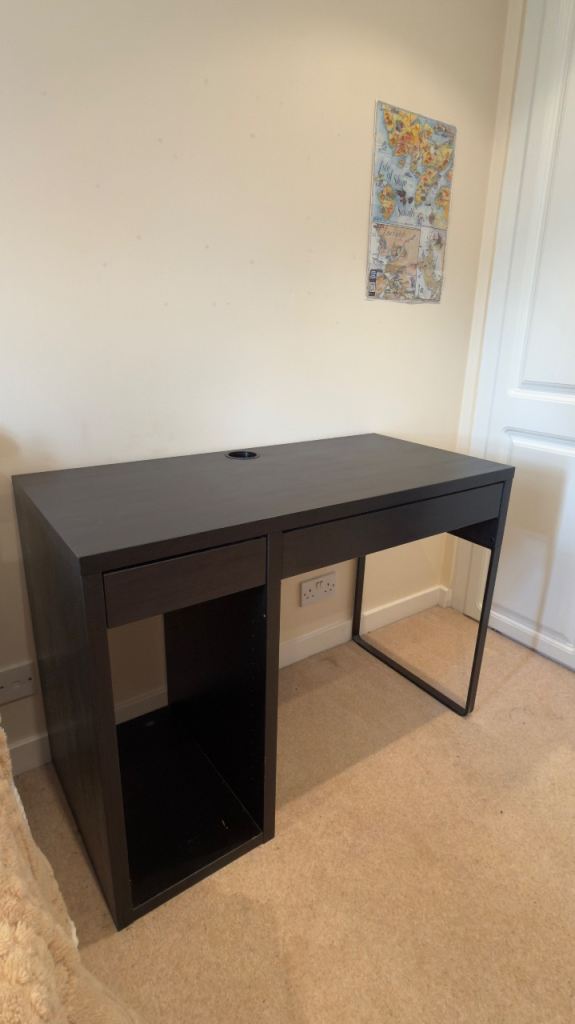 Black Wooden Desk with Storage and Metal Leg – Good Condition