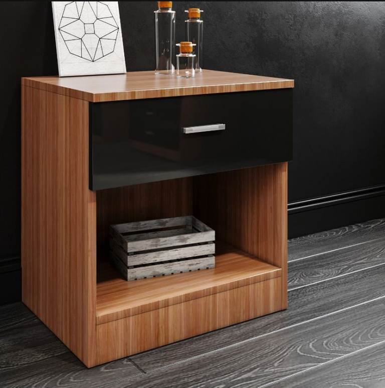 Alpha 1-Drawer Bedside Cabinet Black Gloss and French Walnut (Set of 2)