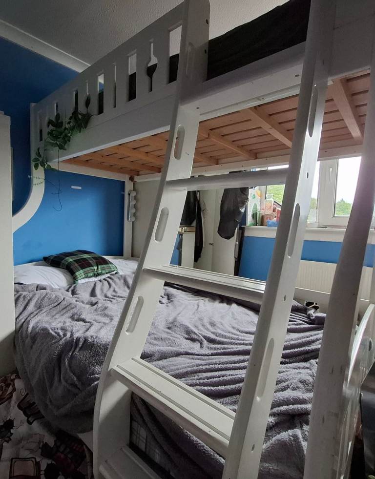 White solid single double bunk bed with ladder and storage drawers