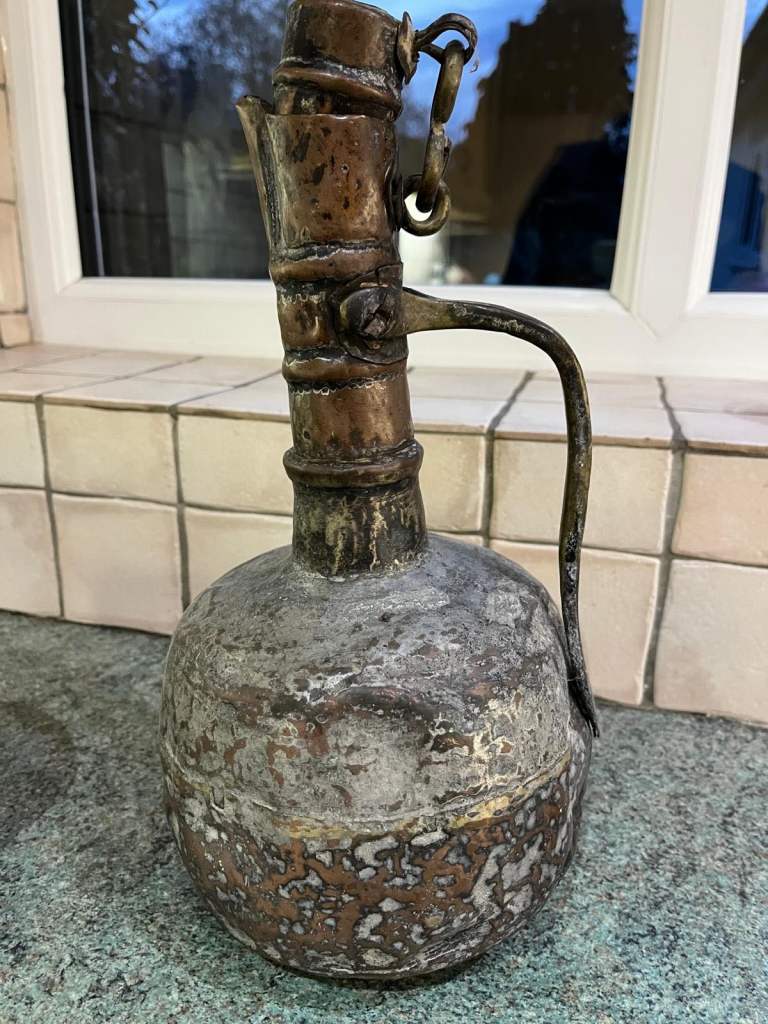 Authentic antique Middle East copper  vessel .Hand riveted handles . 35cm height. 19th Century.