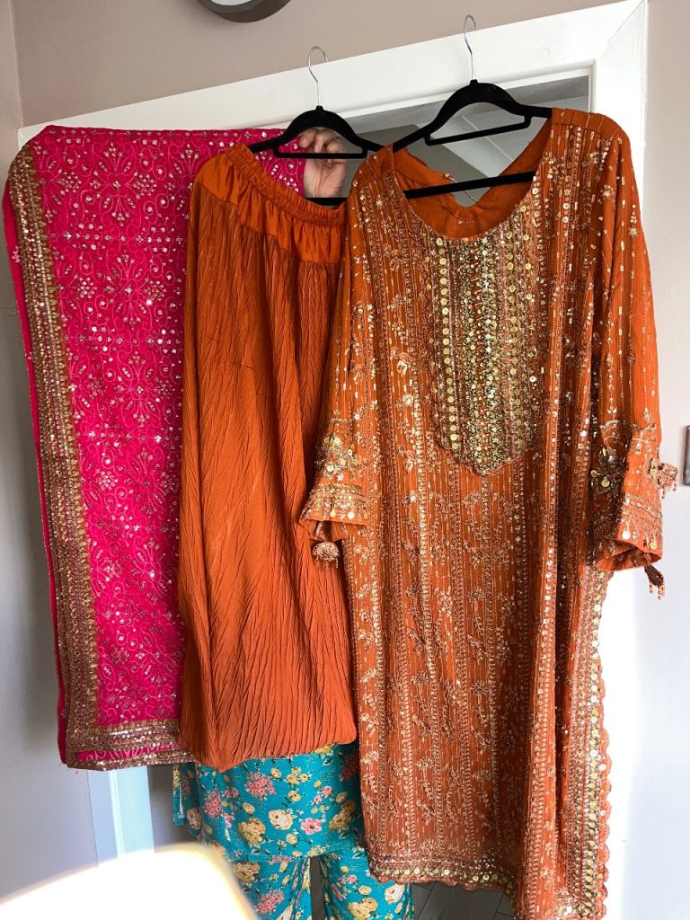 Stunning Orange Sequin Outfit with Pink Dupatta