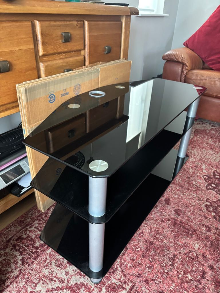 Black Glass TV Stand with 3 Shelves – Good Condition