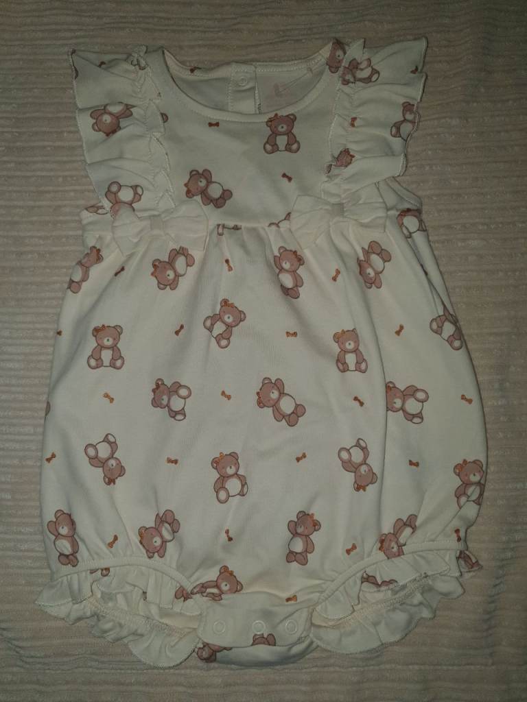NEXT Baby Girls Cream Bear Print Frill Sleeve Romper 12-18 months BRAND NEW