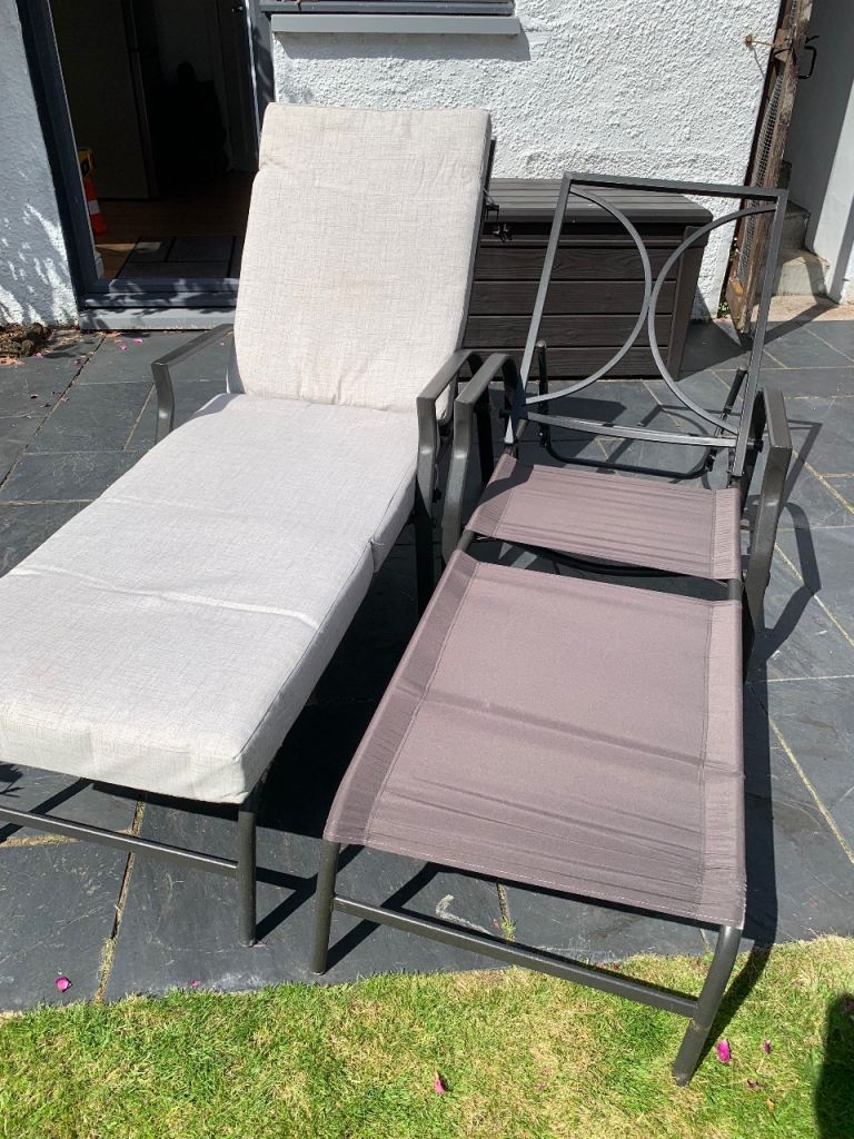 Pair of Grey Metal Garden Sun Loungers – Good Condition