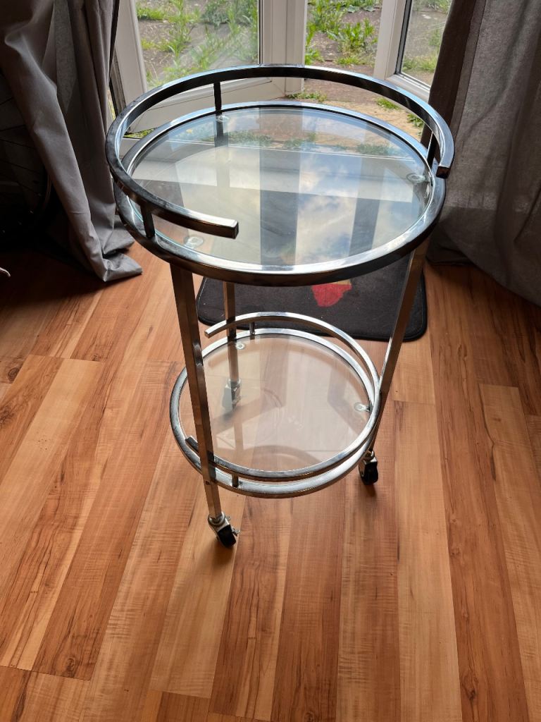 Chrome and Glass Circular Bar Cart / Serving Trolley on Wheels
