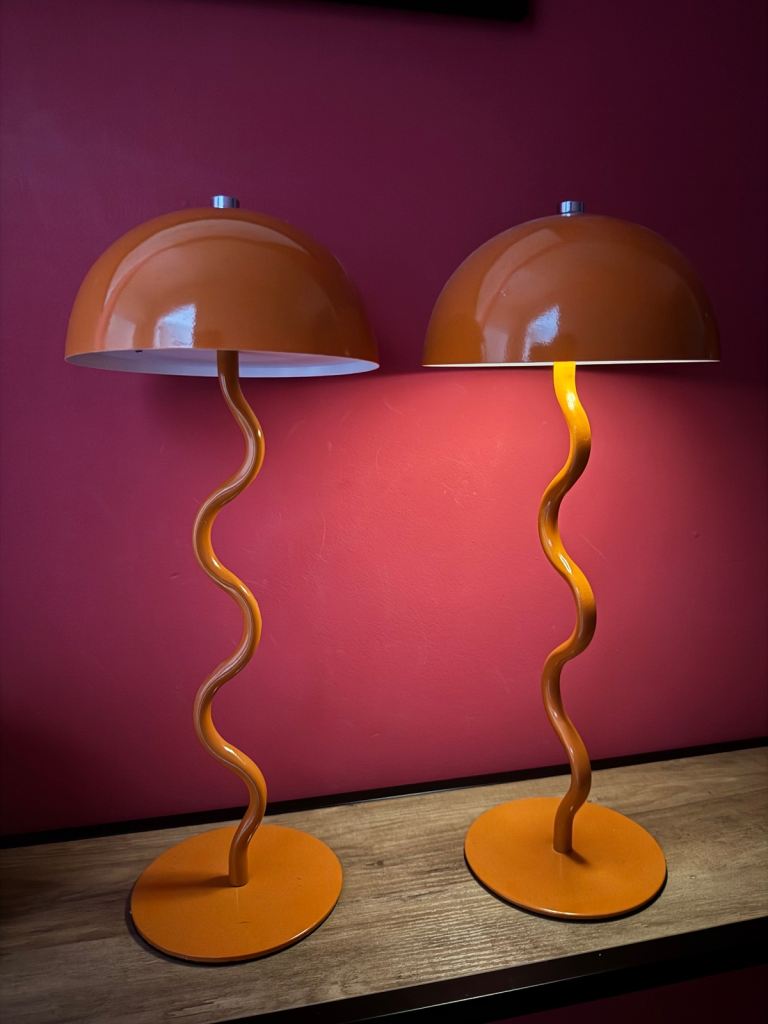 Pair of Retro Orange Wavy Table Lamps – Good Condition