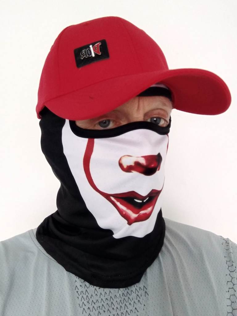 Clown, Joker face mask & red cap, plus 2nd free black cap, free black arm sleeves, free postage.