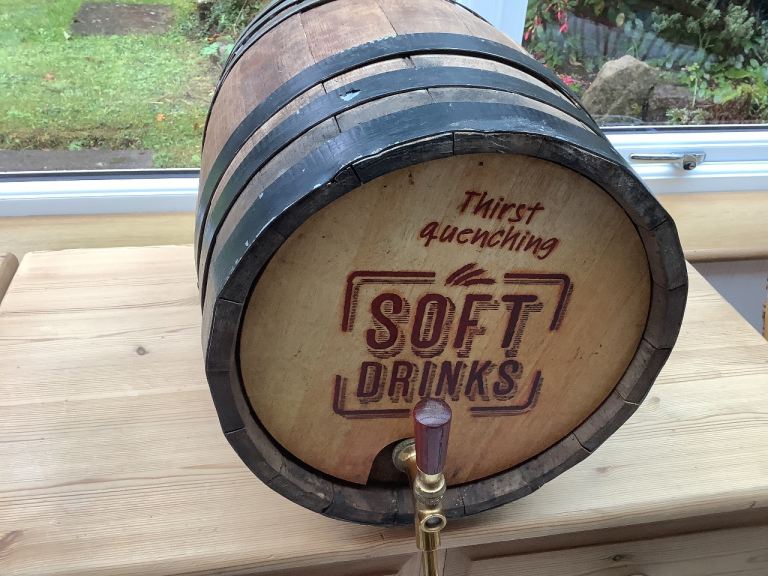 OAK BARREL WITH BRASS TAP. - METAL BANDED, £20.00 for Sale