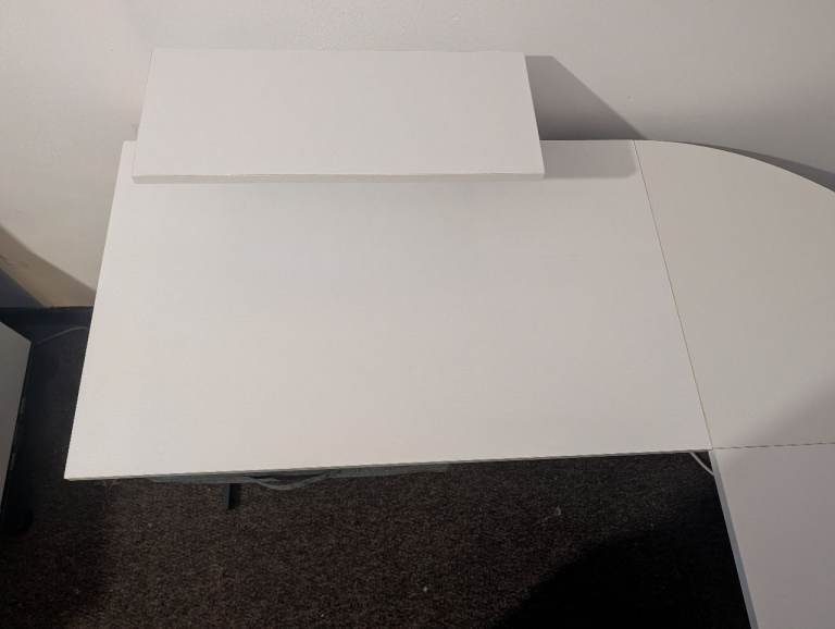 XL White Corner Desk with Tiered Monitor Shelf and Drawer