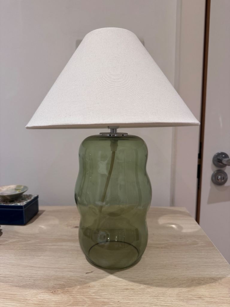 Stylish Green Glass Table Lamp with White Shade