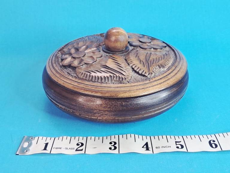 Vintage Small Carved Wooden Box with Lid - Floral Design