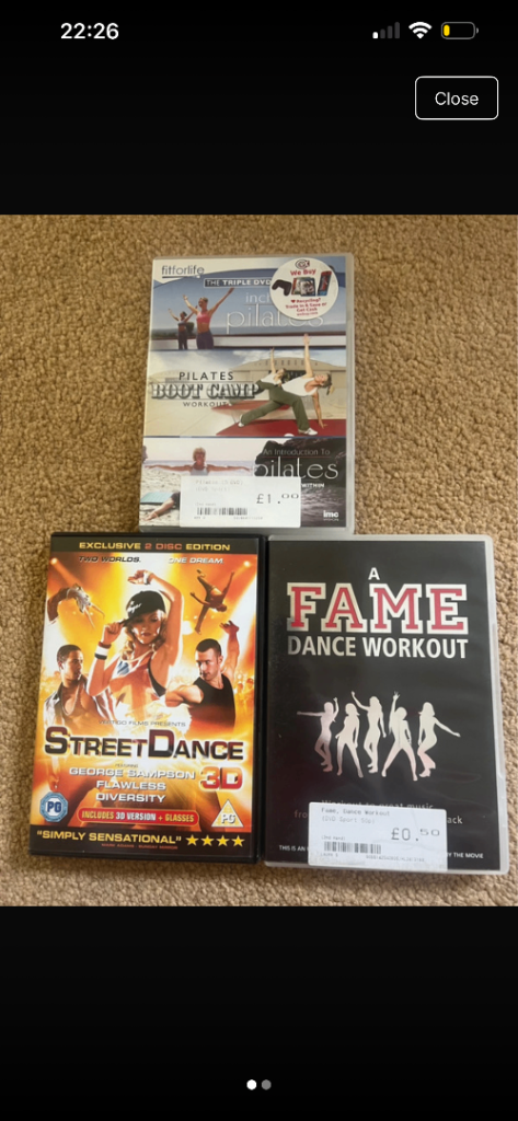£1.50 each or £5 all Pilates Body Pump, Street Dance & Fame Dance Workout DVDs