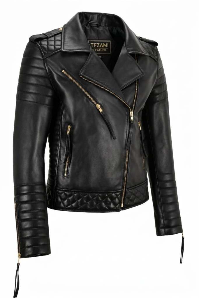 TFZAMI Ladies Real Leather Biker Jacket Womens Black Slim Fit Motorcycle Zip Jacket