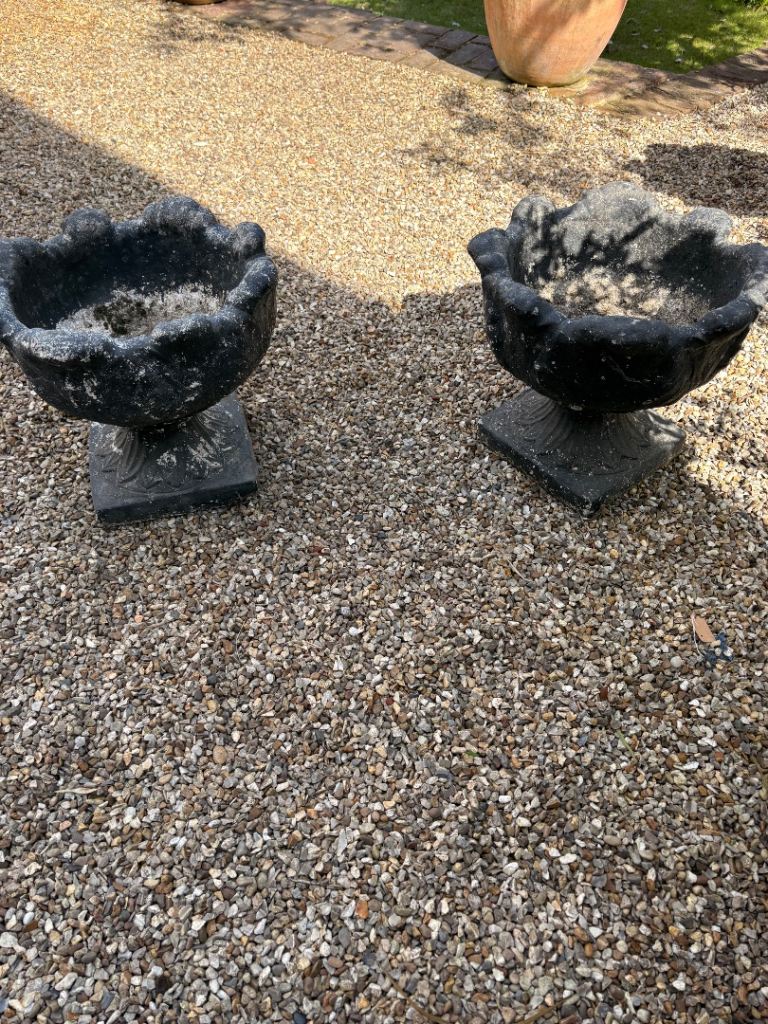 Pair of Dark Grey Vintage Stone Garden Planter – Good Used Condition