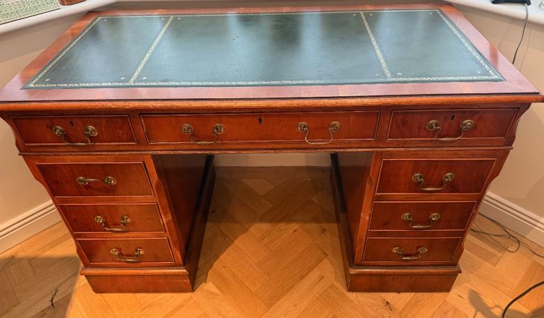 Classic Wooden Pedestal Desk with Green Leather Top