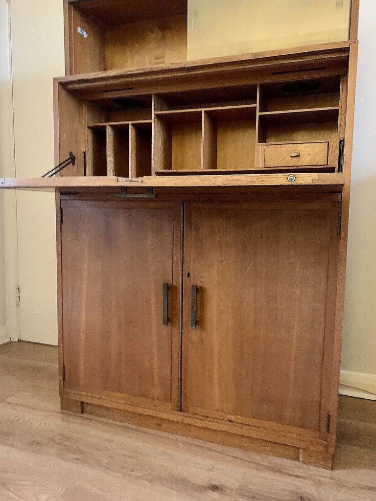 Golden Oak Minty Bureau Bookcase | Mid-Century Desk & Cabinet