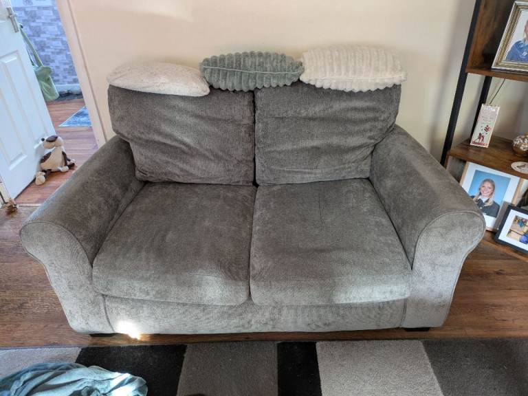 Grey Fabric Two-Seater Sofa and Matching Armchair – Good Condition