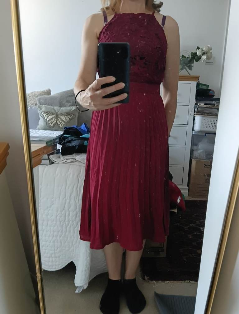 Lovely Red Halter Neck Dress with Pleated Skirt – Good Condition