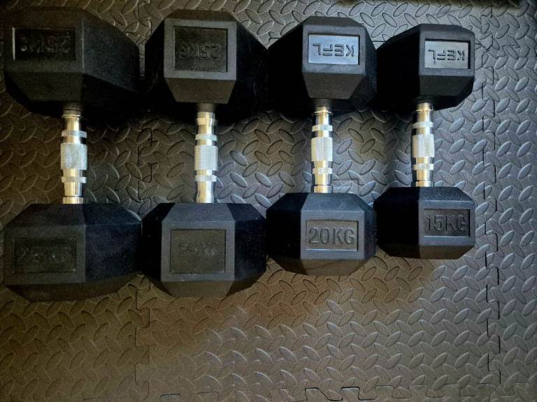 KEFL Hex Dumbbells – 25kg, 20kg, 15kg Pairs, Good Condition