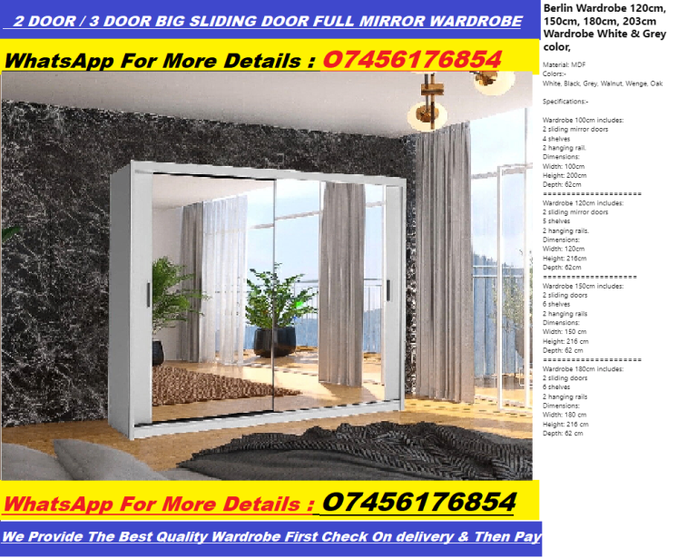 Quality Brand! Full Mirror Sliding Wardrobe - Chicago Wardrobe - Milan Wardrobe- Berlin Wardrobe