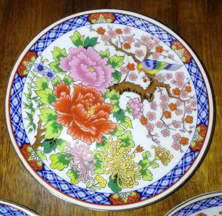 3 x Japanese Decorative Plates 16cm Rickshaw Birds Flowers Possibly Eiwa Kinsei?