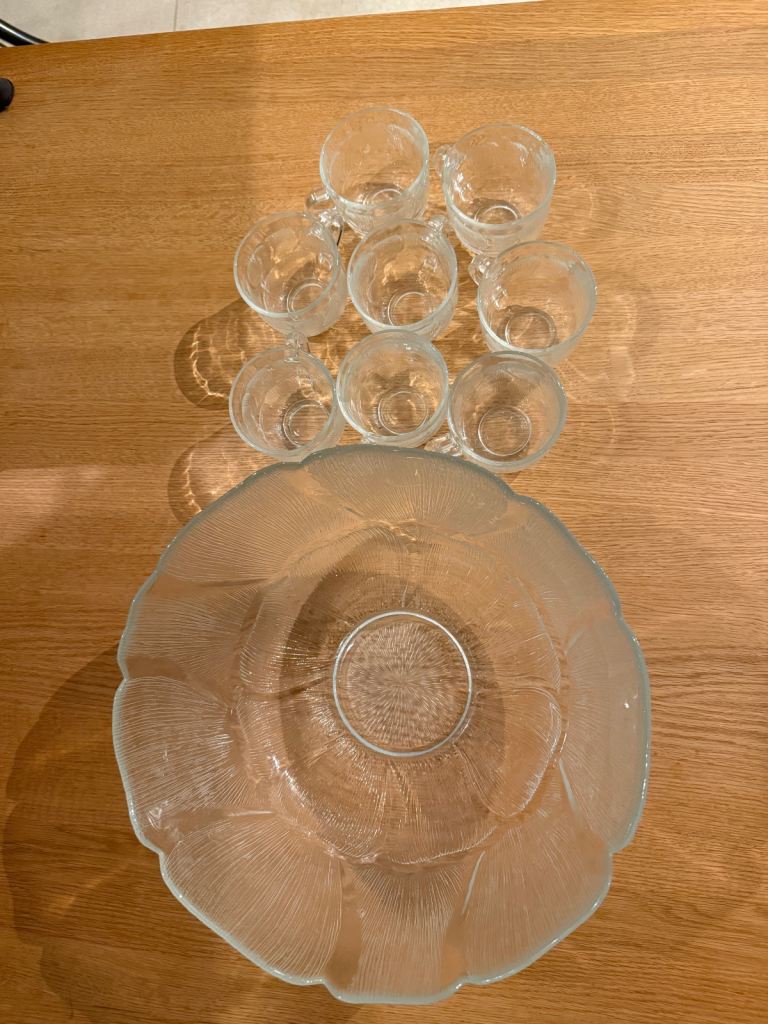 Glass Punch Bowl Set with 8 Cups Arcoroc Fleur Vintage