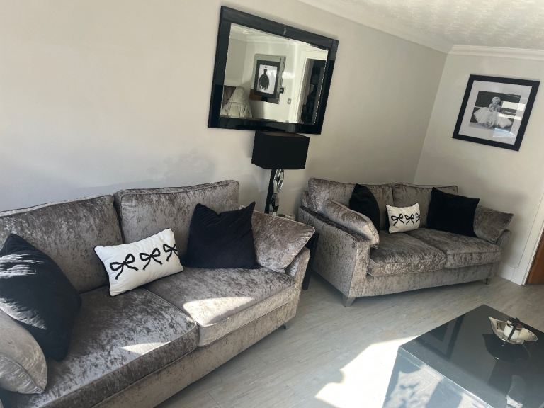 2, 3 seater grey chenille sofas 