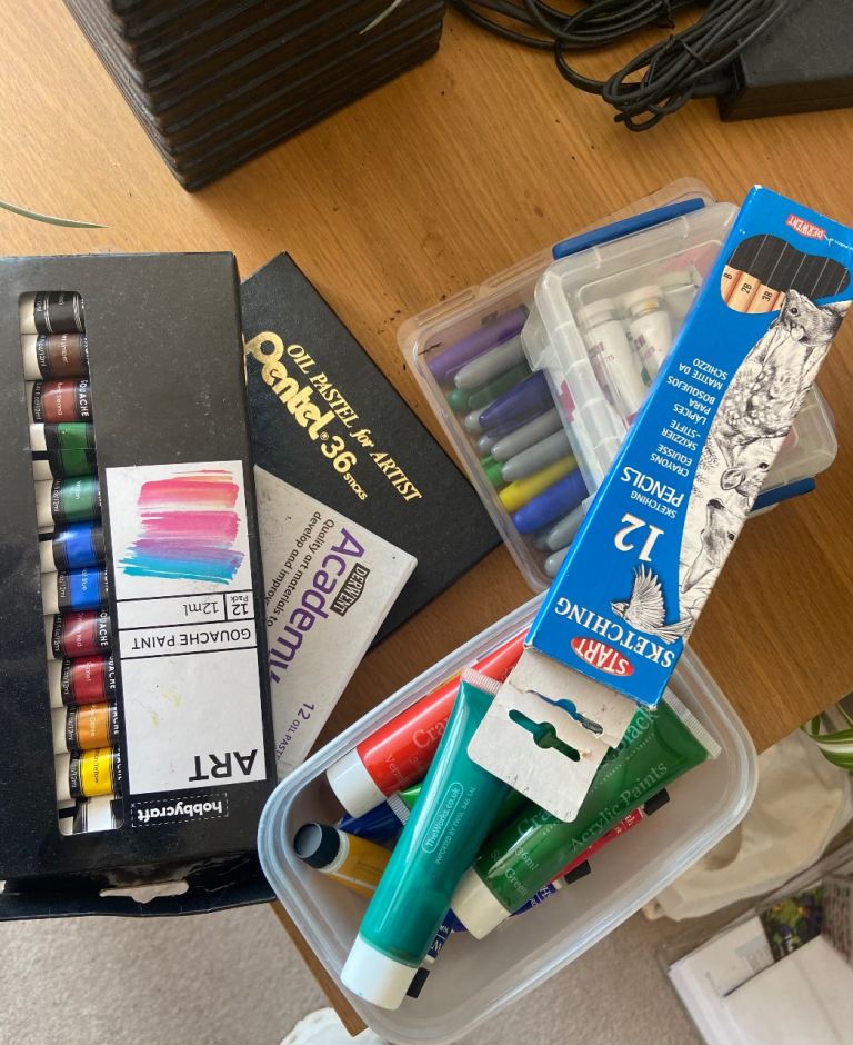 Large Bundle of Art Supplies: Paints, Pastels & Pencils
