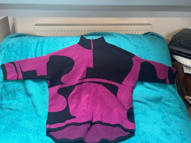 Frank Usher oversized geometric abstract organic fuchsia hot pink & black knit jumper sweater NEW