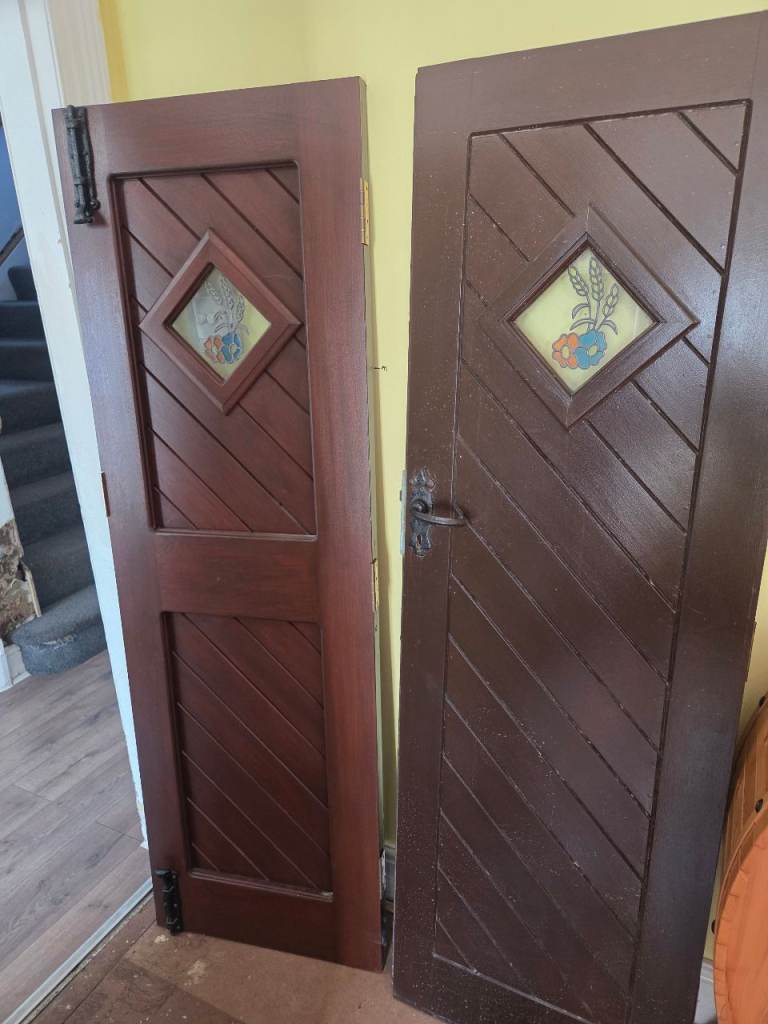 Pair of Vintage Dark Wood external Doors with Stained Glass Panels