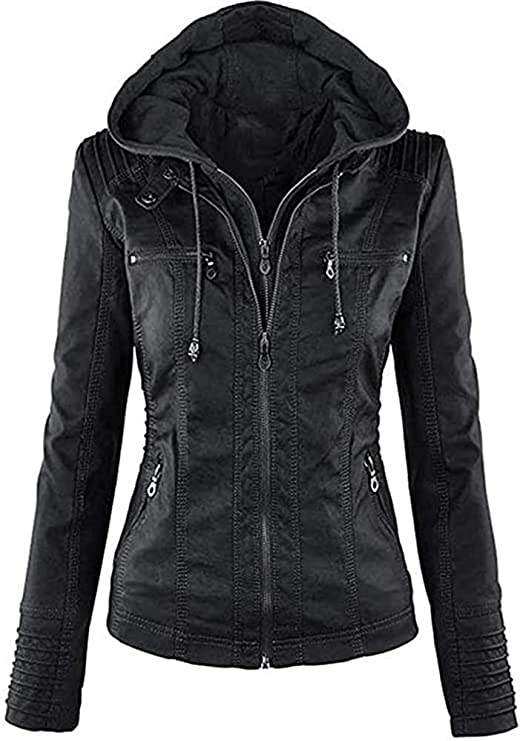 Women's Hooded Faux Leather Jacket Motorcycle Jacket - SIZE XS (UK 10)